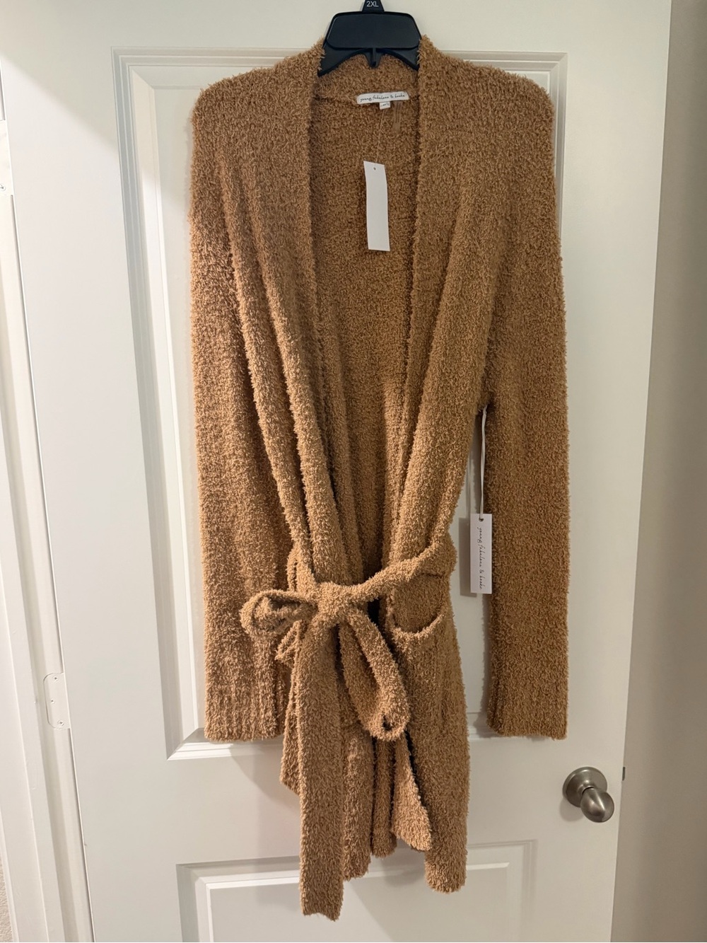 Young Fabulous & Broke Plush Open-Front Belted Cardigan - Camel Size Large